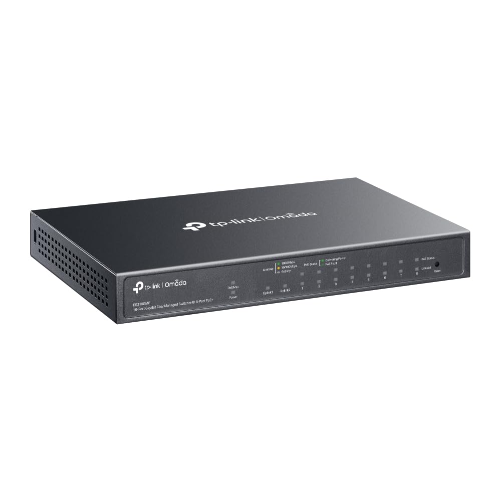 TP-Link ES210GMP Commutateur réseau Gigabit PoE 10 ports, 8 ports PoE+, budget total de 123 W, snooping IGMP, commutateur Ethernet Omada, répartiteur Ethernet, boîtier en métal, gestion facile du