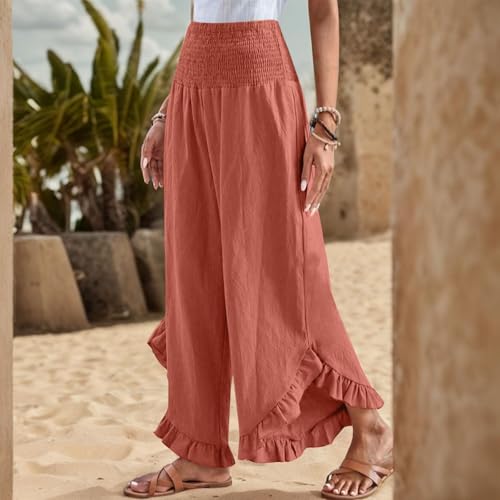 Linen Pants for Women 2025 Summer Casual Loose Flowy Boho Pants,Smocked Waist Ruffle Palazzo Pant with Pockets4