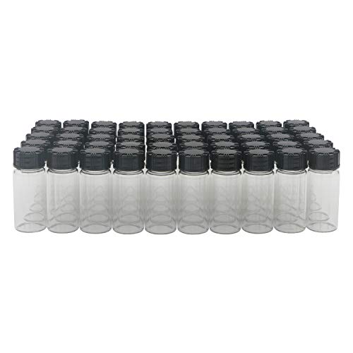 Pxyelec Botellas de cristal transparente de 50-10 ml, tapón de rosca, botellas vacías de muestra, color negro, tapón de plástico Cover