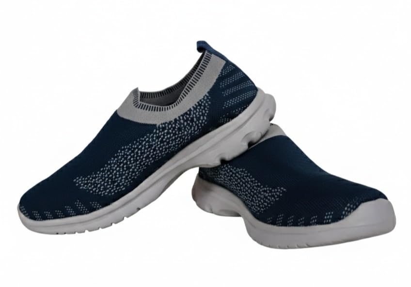 Unisex Slip-On Walking Shoes, Navy Blue and Grey Knit Fabric, Lightweight Comfort Sneakers with Breathable Design-image-18