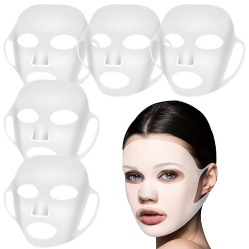 Ptwola 5 Sheets Silicone Face Mask Cover Reusable Moisturizing 3D Facial Mask Holder Prevent Evaporation Falling Transparent Skincare Beauty Ear-Hook Loops Cryo Rubber Face Mask Spa Tool (Transparent)