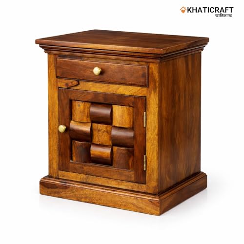 Image of Solid Sheesham Wood Niwar Bedside Table with Drawer and Door Storage for Bedroom Furniture | Wooden Nightstand Side Table for Living Room Home and Hotels | Honey Finish