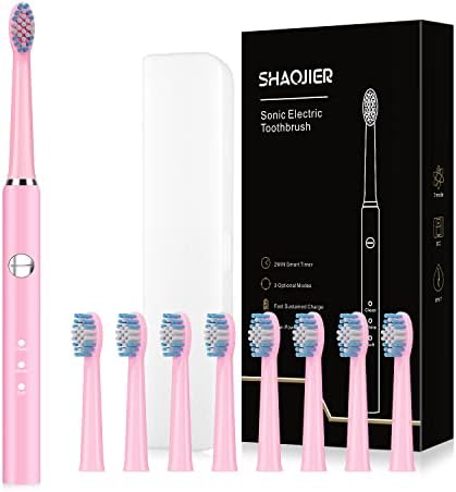 SHAOJIER Electric Toothbrush, with 8 Replacement Brush Heads and 1 Travel Box,Sonic Toothbrush for Adults and Kids,Portable Rechargeable Toothbrush for Travel (Pink)