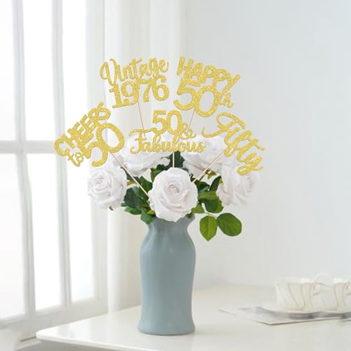 Image of 15 PCS 50th Birthday Centerpiece Sticks Fifty Happy 50th Vintage 1976 Table Flower Centerpieces Sticks Cheers to 50 Fabulous Floral Decorations for 50th Birthday Party Centerpieces Supplies Gold