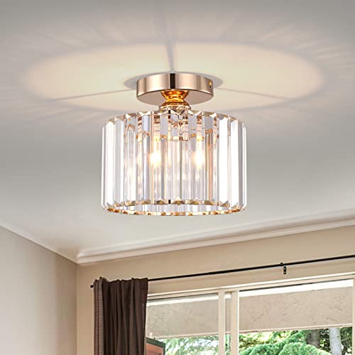 Buxvrcs Semi Flush Mount Ceiling Light, Modern Chandelier Crystal Ceiling Light Fixture,Small Close To Ceiling Light For Living Room Bedroom Hallway Bathroom Kitchen Entryway With E26 Base (Gold) #TOP28