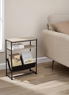 Narrow End Table for Small Spaces - Slim Side Table with Magazine Holder,2 in 1 Design Narrow Coffee Table Living Room,Skinny Bedroom Nightstand Thin Side Magazine Table,Oak