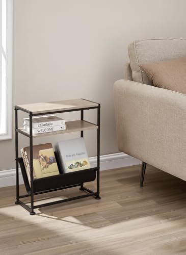 Narrow End Table for Small Spaces - Slim Side Table with Magazine Holder,2 in 1 Design Narrow Coffee Table Living Room,Skinny Bedroom Nightstand Thin Side Magazine Table,Oak