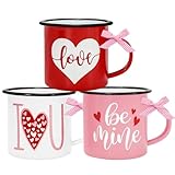 FYSUIMU 3Pcs Valentine's Day Mini Coffee Mug with Ribbon 12Oz Love Heart Enamel Cup With Handle Red Pink White Drinking Mug For Wedding Party Table Decor