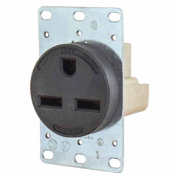 Receptacle, 30 A Amps, 250V AC, Flush Mount, Single Outlet, 6-30R, Black