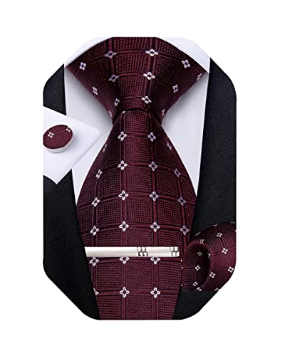 Image of DiBanGu Plaid Ties for Men Silk Checkered Necktie and Pocket Square Cufflinks Tie Clip Set with Gift Box for Wedding Business