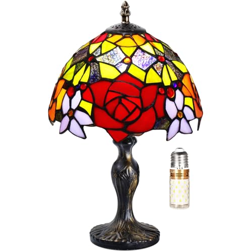 MIAOKE Stained Glass Lamp Style Tischlampe, VintageTischlampe Handcraft Glasmalerei Lampenschirm Tischlampen für Schlafzimmer Nachttischlampe Arbeitszimmer Office (Peony)