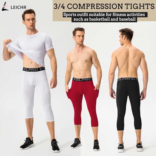 Men's 3/4 Compression Pants, Capri Leggings with Pocket, Athletic Basketball Tights, Sport Running Dry Fit Gym Base Layer3