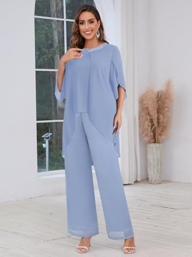 BANTRATIC 2 Pieces Mother of The Bride Pantsuits for Wedding Half Sleeve Chiffon Formal Evening Prom Cocktail Pant Outfit3