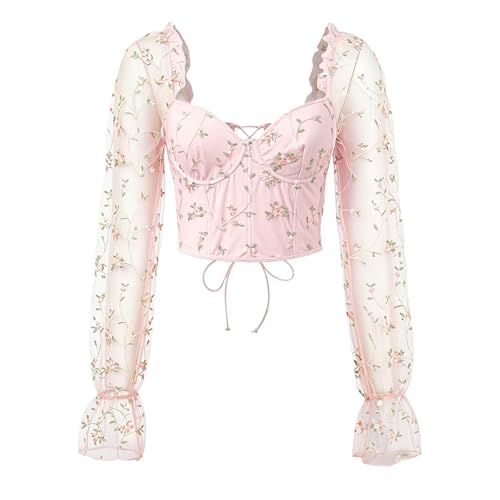 Body Corsé De Manga Larga con Varillas De Escote Bajo Y Malla Bordada Transparente (XS)