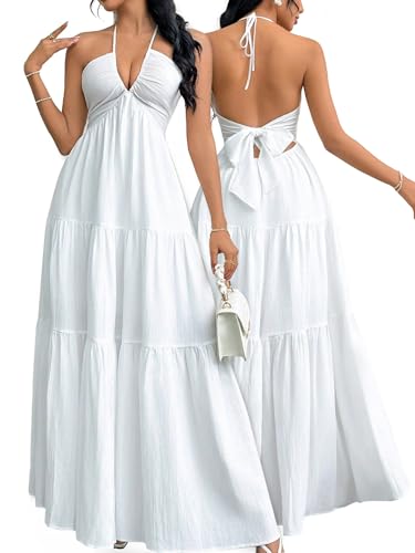 Image of Narecte Women's Maxi Summer Dresses Halter V Neck Beach Dresses for Women A-Line Casual Dress for Vacation