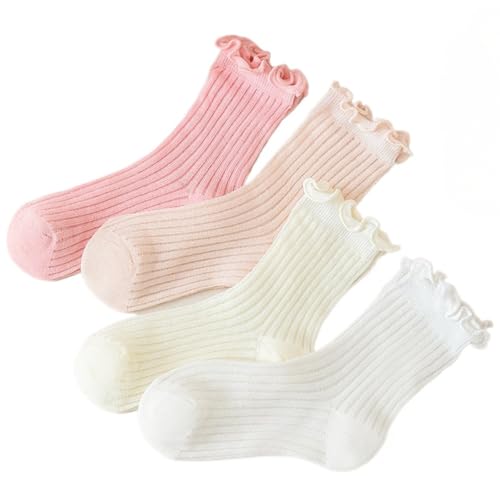 4 Pairs Girls' Socks for Summer, Thin Mesh Cotton Mid-Calf Socks with Princess Ruffle Trim