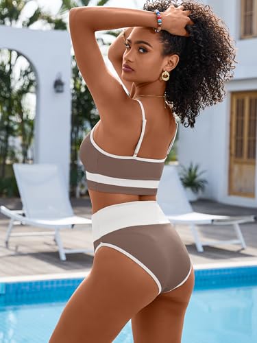 Image of ANRABESS Women's High Waisted Bikini Sets,Color Block 2 Piece Swimsuits,Tummy Control Bathing Suits,Thick Ribbed Beach Wear