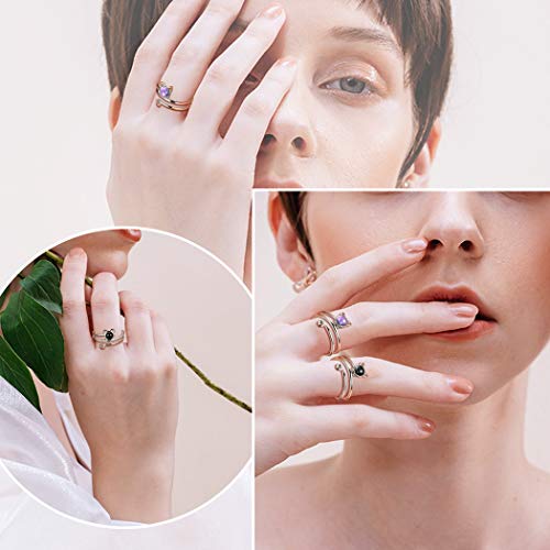 Cute Cat Adjustable Ring Lovely Kitty Cat Open Ring With Crystal Amethyst Animal Ring 18K White Gold Plated Over 925 Sterling Silver Cat With Birthstone Ring Fashion Jewelry Gift For Women Girls Fr23F #TOP3