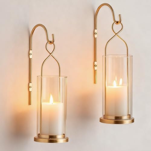 Walasis Gold Candle Sconces Set of 2 with Hurricane Glass