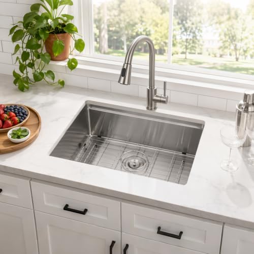 Image of 24 Inch Undermount Kitchen Sink, Workstation Single Bowl 24 x 19 Inch 16 Gauge Stainless Steel Under Counter Sink for Small Apartment Prep Kitchen, Laundry, Utility & RV with Cutting Board