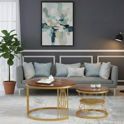 Image of Modern Nested Coffee Table Set of 2 | Round Marble Finish Tabletop with Metal Base | Luxury Center Table for Living Room, Lounge & Office (Ring Gold Brown)