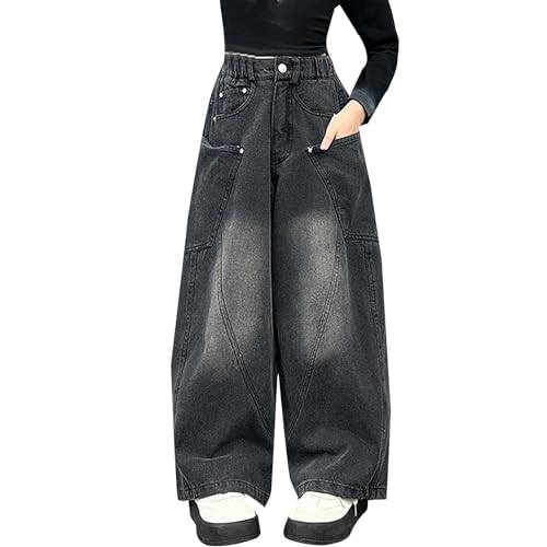 Teen Girls Cargo Jeans Baggy Wide Leg Floor Denim Pants High Waist Casual Streetwear Y2k Trousers with Pockets Straight