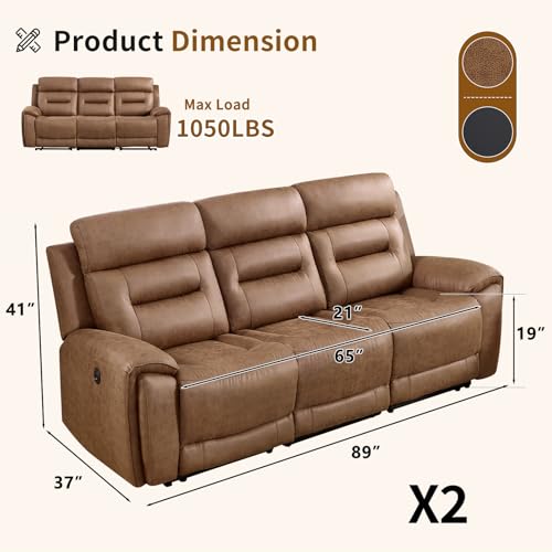 Image of ANJ Power Oversized Reclining Sofa Couch Set of 2, Breathable Faux Leather 3-Seater Electric Recliner Couches with USB&Type-C Charging Ports for Living Room, Brown