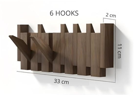 KALAHARI Modern Wooden Wall Mount Coat Rack, Decorative Hanging Organizer with Multiple Hooks, Natural Wood Finish, Space-Saving Design for Entryway, Hallway (Straight 6 Hook) 1