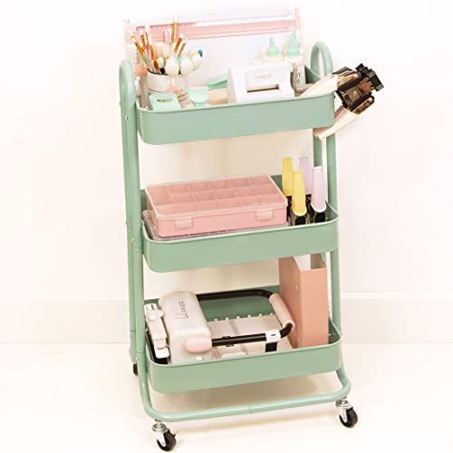 Craftelier Chariot de rangement organiseur 3 plateaux, 4 roues métalliques rotatives avec freins, couleur vert d’eau