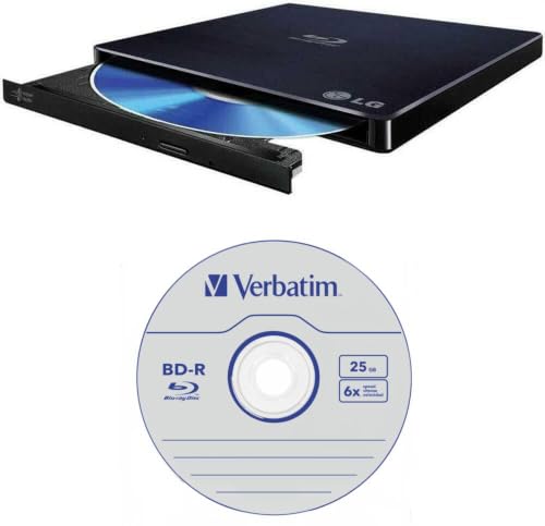 LG 6X WP50NB40 External Portable Blu-ray Burner in Retail Box Bundle with 25GB Verbatim M-Disc BD-R and Cyberlink Burning Software