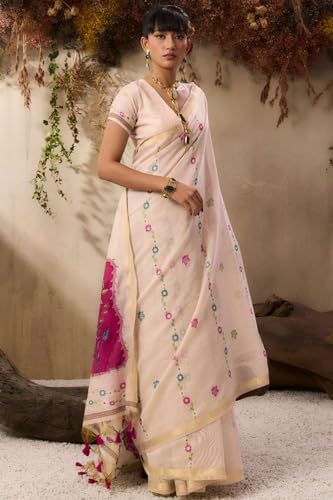 Image of SGF11 Women's Soft Cotton Linen Silk Saree With Unstitched Blouse Piece