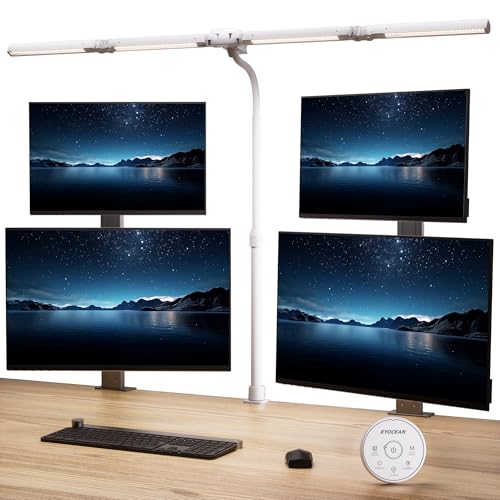 EYOCEAN Schreibtischlampe, 4 Lichtquellen, Teleskopstange mit Einstellbarer Höhe, 24W 100cm Tageslichtlampe Schreibtisch mit Fernbedienung, Dimmbare Monitor Lampe, Schwanenhals Büro Tischlampe