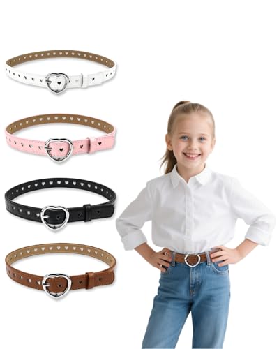 Girls Belt PU Leather Waist Belt with Heart Shaped Metal Buckle for Jeans Dress Pants Youth Adjustable Skinny Belt