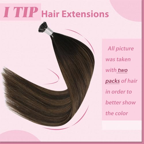 Image of YoungSee I Tip Hair Extensions Human Hair Brown 24 Inch Itips Hair Extensions Dark Brown Balayage with Browns Itip Hair Extension Real Human Hair Ombre I-Tip Extension Long Hair 50g 50s