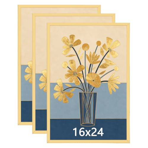 kennethan Poster Frame 3 Pack Slide-In Strips Proof Poster Picture Frames for Photos Posters Art Prints Horizontal or Vertical Wall Mounting (Gold 16x24-3 Pack)