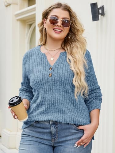 Long Sleeve Shirts for Women Oversized Henley Tunic Tops V Neck Casual Top Loose Fit Pullover Sweaters Fashion Clothes Purple Blue — view 5