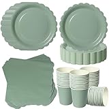 ZblPyro Verde Salvia vajilla cumpleaños para 40 invitados con platos carton ondulados 18cm, vasos de papel y servilletas. Ideal para bodas boho y jardín.