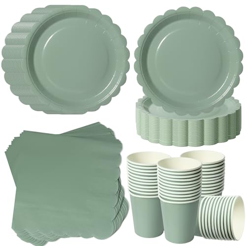 ZblPyro Verde Salvia vajilla cumpleaños para 40 invitados con platos carton ondulados 18cm, vasos de papel y servilletas. Ideal para bodas boho y jardín.