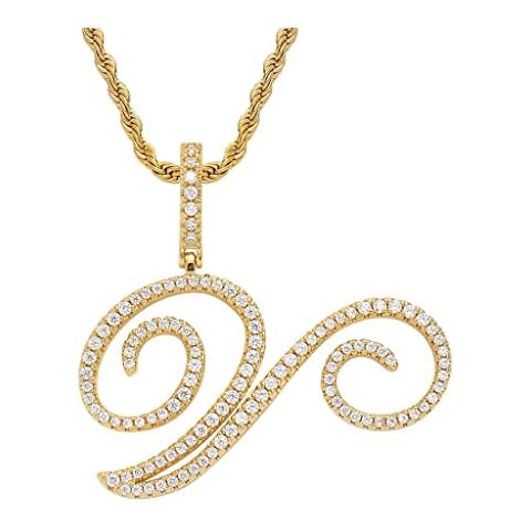 charlinliol Initial Letter Necklace Gold Plated Women/Men Iced Out Initial Letter Pendant Necklace with 24" Rope Chain, Metal, Cubic Zirconia Cover
