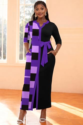 Image of Nmoder Long Maxi Dress for Women, Pencil Church Bodycon Dress Front Split | 3 /4 sleeve v neck, curvy tea party work semi formal cocktail funeral date bridesmaid dress, colorblock, m-3xl