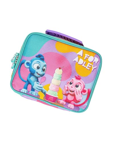 A FOR ADLEY Lunchbox. Featuring Adley's Neon Rainbow Friends on a Zebra Rainbow Printed Lunchbox (Monkey Buddies)