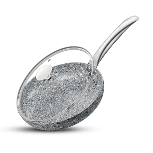 KOCH SYSTEME CS 9.5' Grey Non stick Granite Skillet with Lid, Toxin-free Granite Nonstick Coating Cookware, Stainless Steel Handle, Oven Safe & Induction Compatible Frying Pan