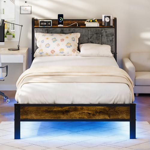 PROTEA Twin Size Bed Frame with LED Lights and Charging Station, Upholstered Headboard with Storage, Sturdy Platform with Metal Slats, Noise Free No Box Spring Needed