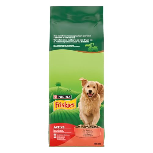 FRISKIES | Attivo | Cane | Crocchette 100% complete ed equilibrate per cani adulti | Manzo | Aiuta a mantenere un alto livello di energia | Borsa | 18 KG