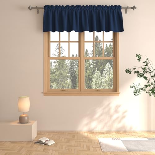 Valance Navy Blue 14 inches Long Blackout Kitchen Window Curtains Living Room Darkening Rod Pocket Triple Weave Small Short Little Mini Window Curtain Topper Valance Bedroom Bathroom 1 Panel 90"x14"