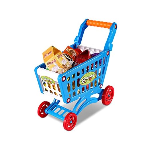 plplaaoo Carrito de Compras de Juguete con Comida de Juego de simulaci¨®n, Carrito de Compras para ni?os, Carrito de Compras Educativo para ni?os, Carrito de Compras para ni?os, ni?os(Azul)
