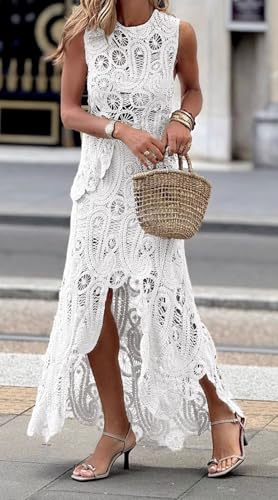 CHARTOU Women Two Pieces Skirt Sets Summer Cut Out Hi-Low Crochet Knit Long Dresses2