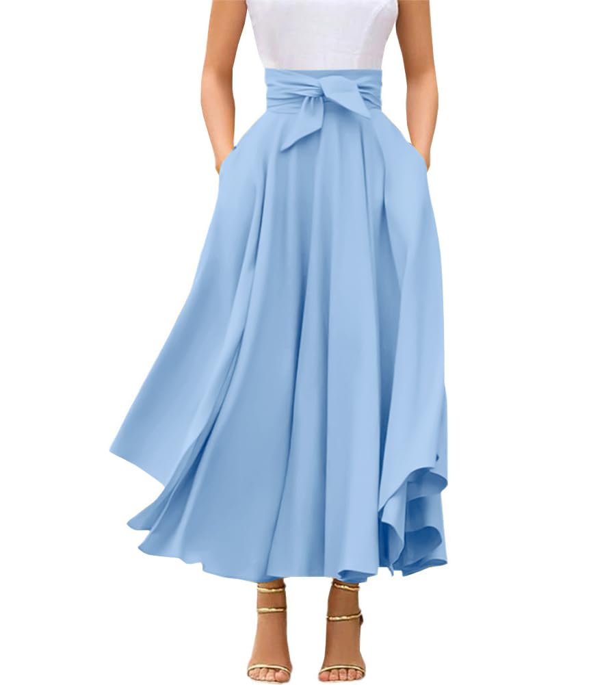 Photo 1 of chouyatou Women's Elegant High Waisted Side Slit Irregular Bohemian Maxi Skirt with Pockets (Medium, Light Blue)