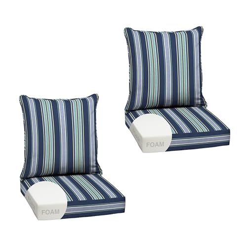Image of Arden Outdoor Foam Deep Seat Cushion Set, 2-Pack, 24x24, Premium High-Density Foam, Never Flattens, Weather-Proof for Patio Chair Sofa Couch, Sapphire Aurora Blue Stripe