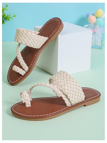 Image of GORGLITTER Girl's Strappy Leather Flats Sandal Cute Braided Dressy Toe Ring Slip on Slide Sandals